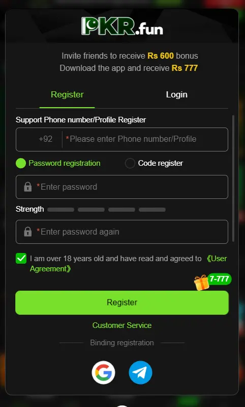 PKR Fun game register